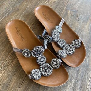 A. Giannetti Sandals Silver Medallion Straps Slip-On Shoes Italy Size 7.5